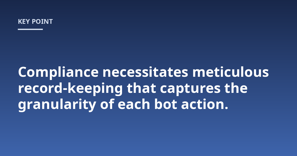 Compliance necessitates meticulous record-keeping that captures the granularity of each bot action.