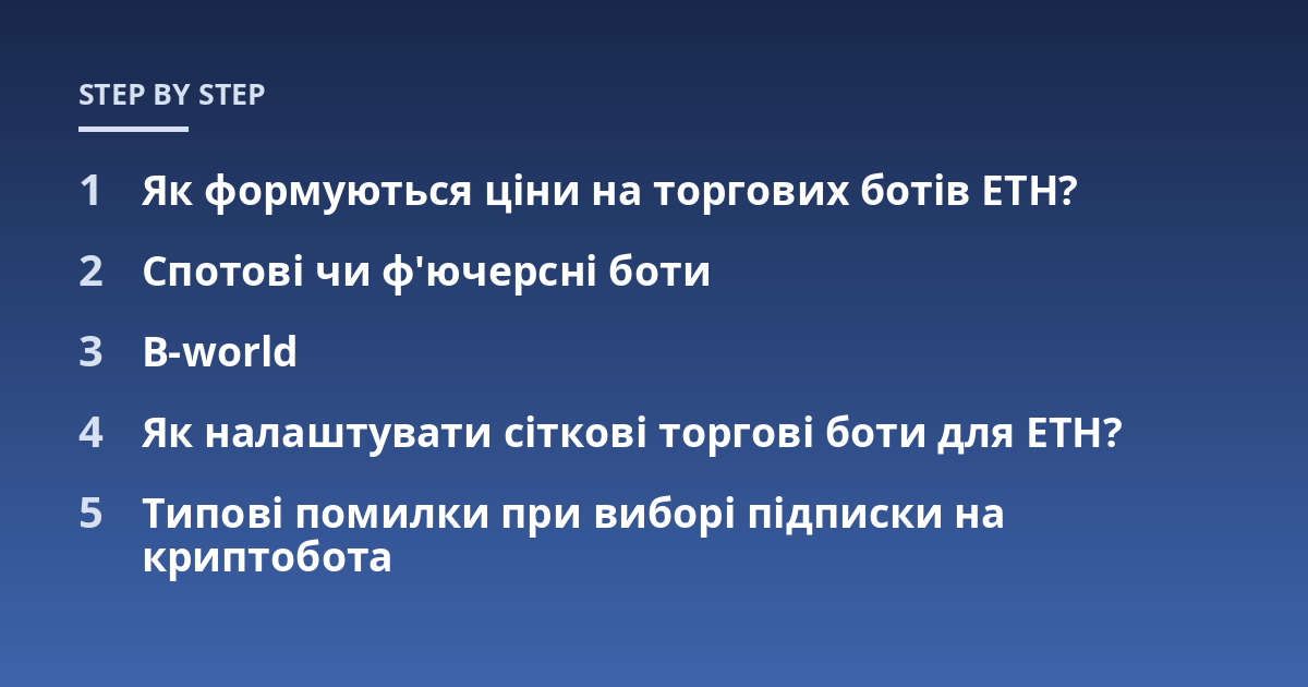 Як формуються ціни на торгових ботів ETH?; Спотові чи ф'ючерсні боти; B-world; Як налаштувати сіткові торгові боти для ETH?; Типові помилки при виборі підписки на криптобота