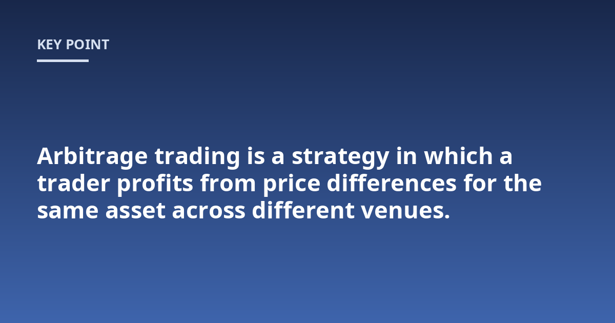 Arbitrage trading is a strategy in which a trader profits from price differences for the same asset across different venues.