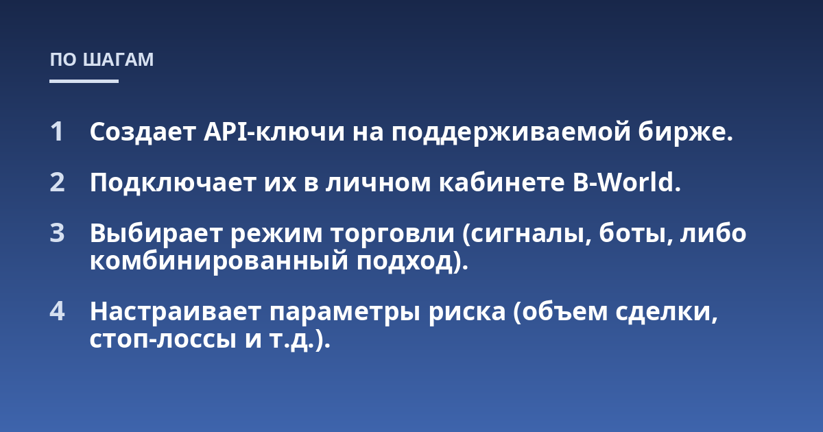 Создает API-ключи на поддерживаемой бирже.; Подключает их в личном кабинете B-World.; Выбирает режим торговли (сигналы, боты, либо комбинированный подход).; Настраивает параметры риска (объем сделки, стоп-лоссы и т.д.).