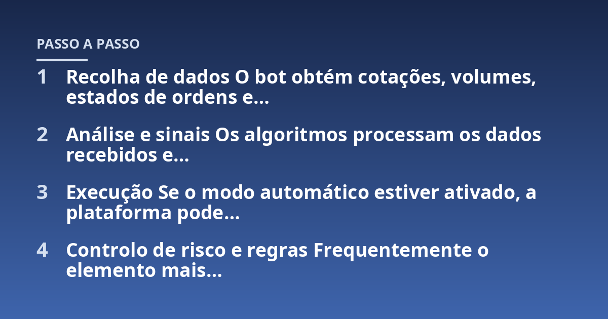 Recolha de dados O bot obtém cotações, volumes, estados de ordens e...; Análise e sinais Os algoritmos processam os dados recebidos e...; Execução Se o modo automático estiver ativado, a plataforma pode...; Controlo de risco e