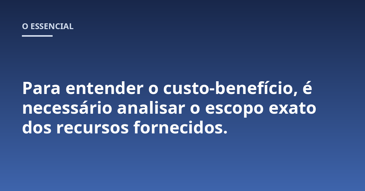 Para entender o custo-benefício, é necessário analisar o escopo exato dos recursos fornecidos.
