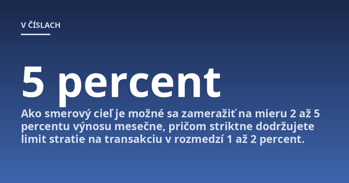 Ako smerový cieľ je možné sa zameražiť na mieru 2 až 5 percentu výnosu mesečne, pričom striktne dodržujete limit stratie na transakciu v rozmedzí 1 až 2 percent.