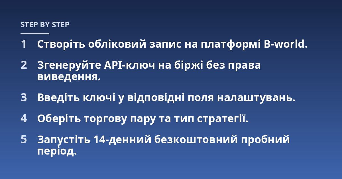 Створіть обліковий запис на платформі B-world.; Згенеруйте API-ключ на біржі без права виведення.; Введіть ключі у відповідні поля налаштувань.; Оберіть торгову пару та тип стратегії.; Запустіть 14-денний безкоштовний пр