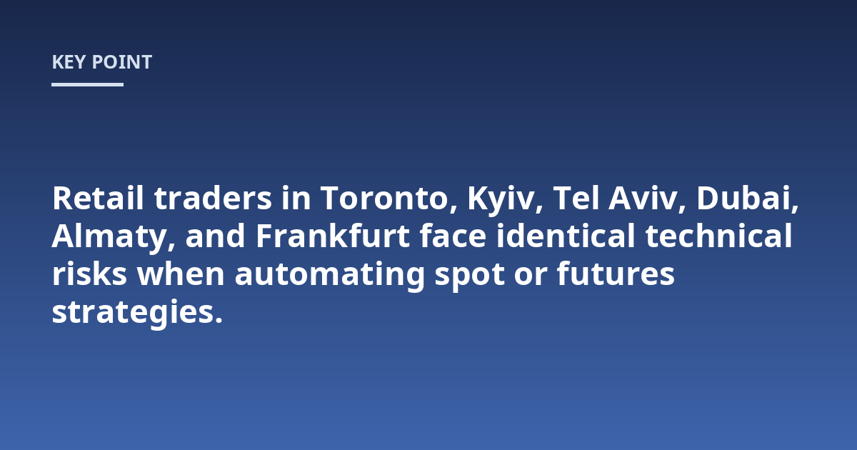 Retail traders in Toronto, Kyiv, Tel Aviv, Dubai, Almaty, and Frankfurt face identical technical risks when automating spot or futures strategies.