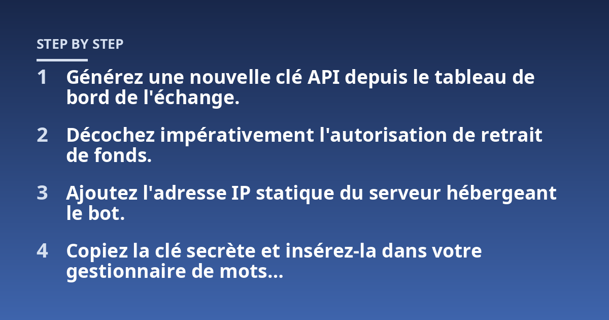 Générez une nouvelle clé API depuis le tableau de bord de l'échange.; Décochez impérativement l'autorisation de retrait de fonds.; Ajoutez l'adresse IP statique du serveur hébergeant le bot.; Copiez la clé secrète et ins